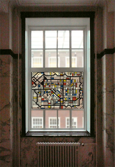 De Stijl Kaart in glas-in-lood in het stadhuis van Leiden (fotomontage)